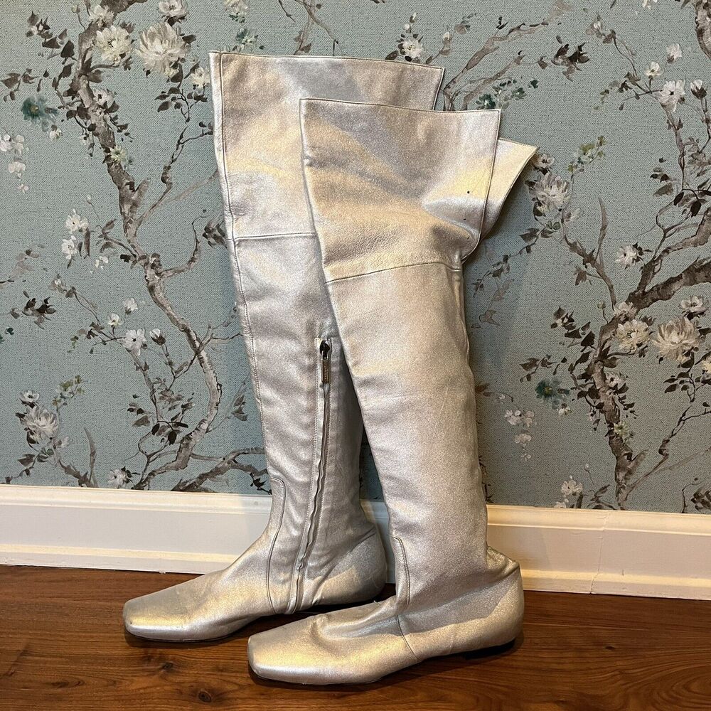 John Richmond Over The Knee Silver Leather Boots Size 38 EU / 7.5 US